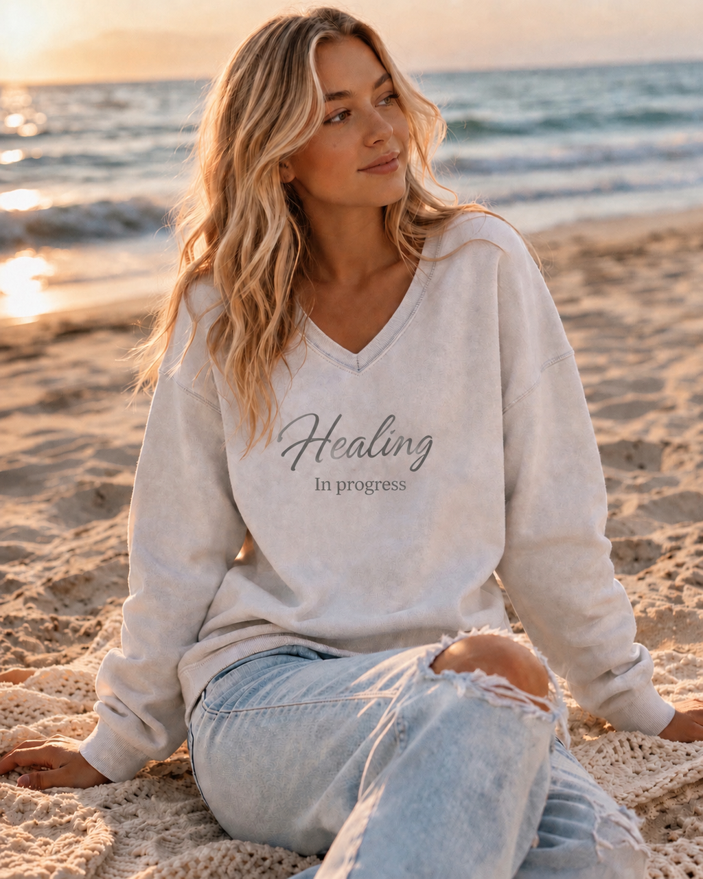 "Healing In Progress" - Beach Wash V Neck Sweatshirt