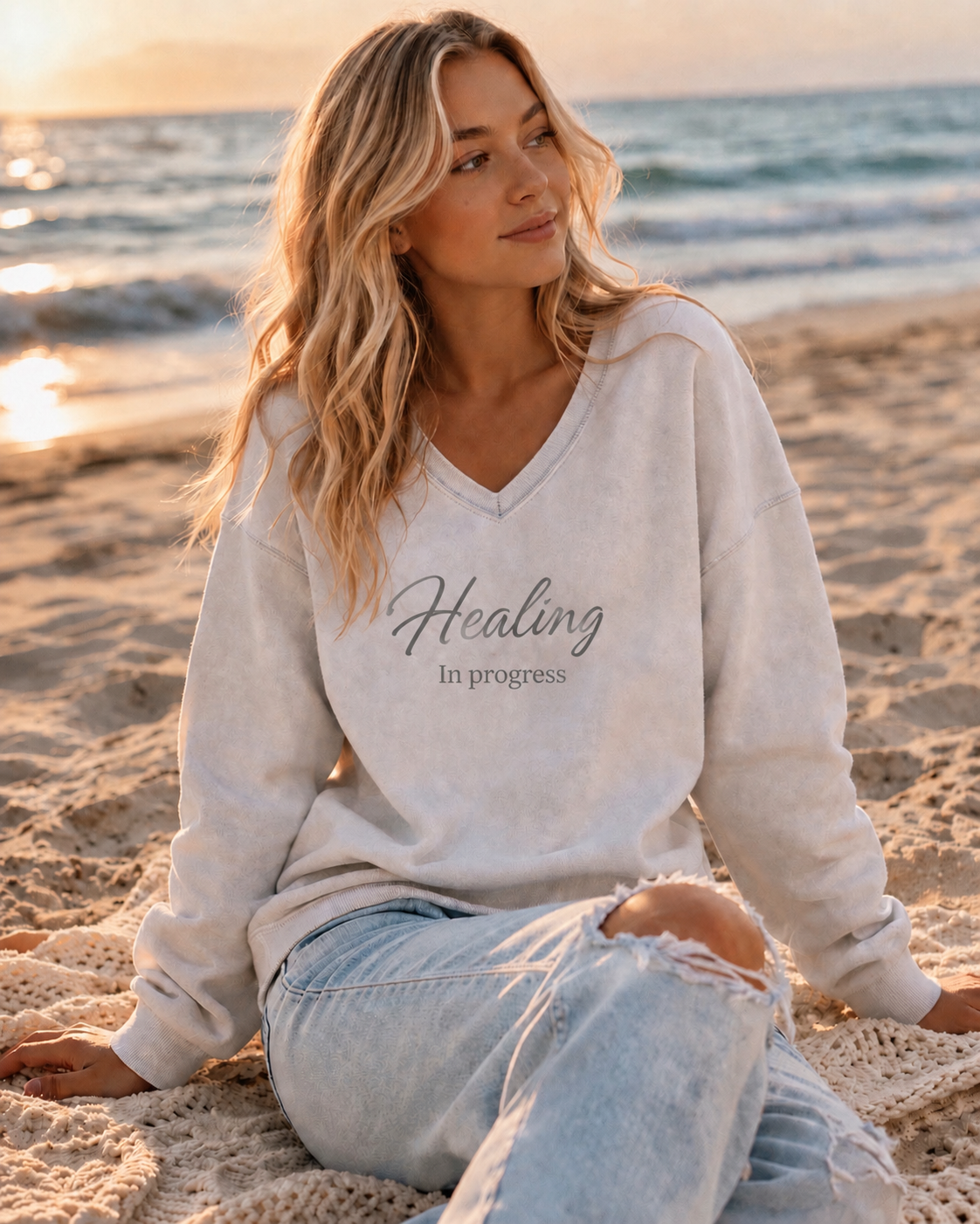 "Healing In Progress" - Beach Wash V Neck Sweatshirt