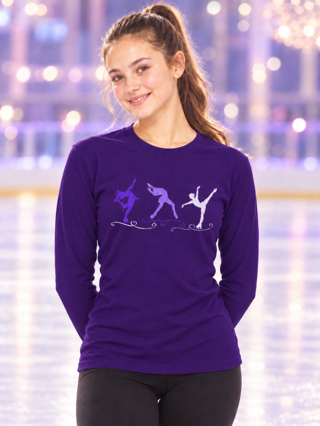 Purple Trio Figure Skaters | Youth Long Sleeved T-Shirt (Black And Purple)