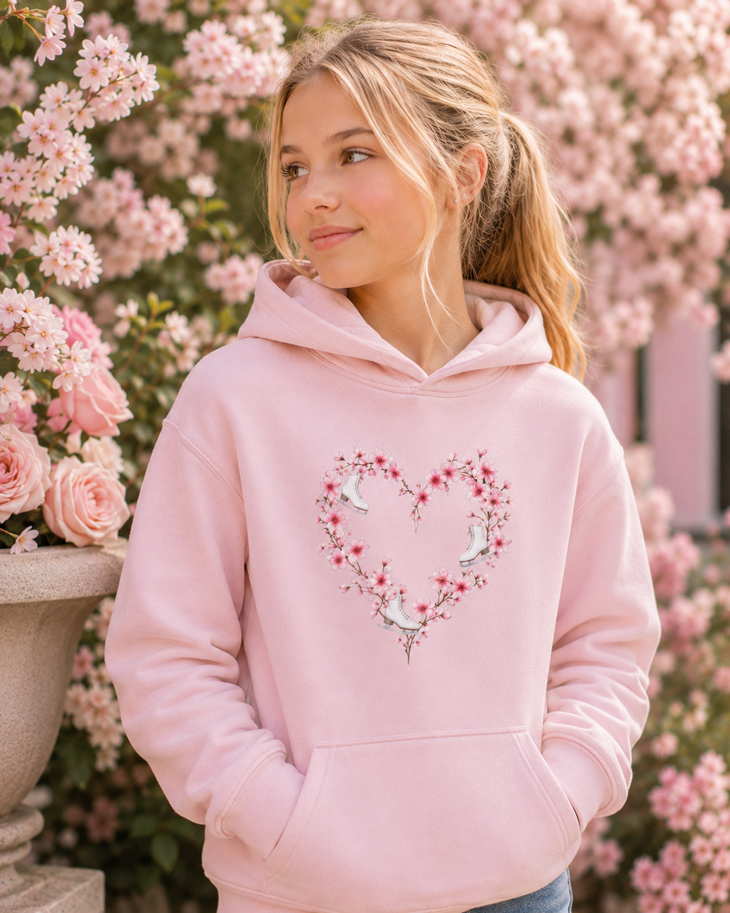 Blossom Heart Skates| Figure Skating Youth Hoodie-Light Colors