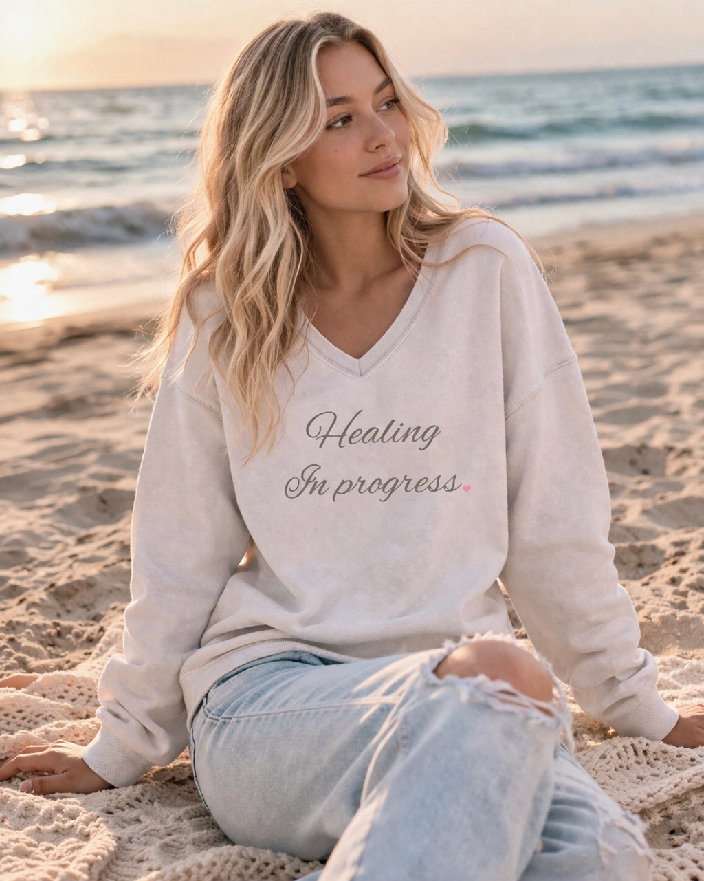 The "Healing In Progress"  Beach wash V- Neck Sweatshirt